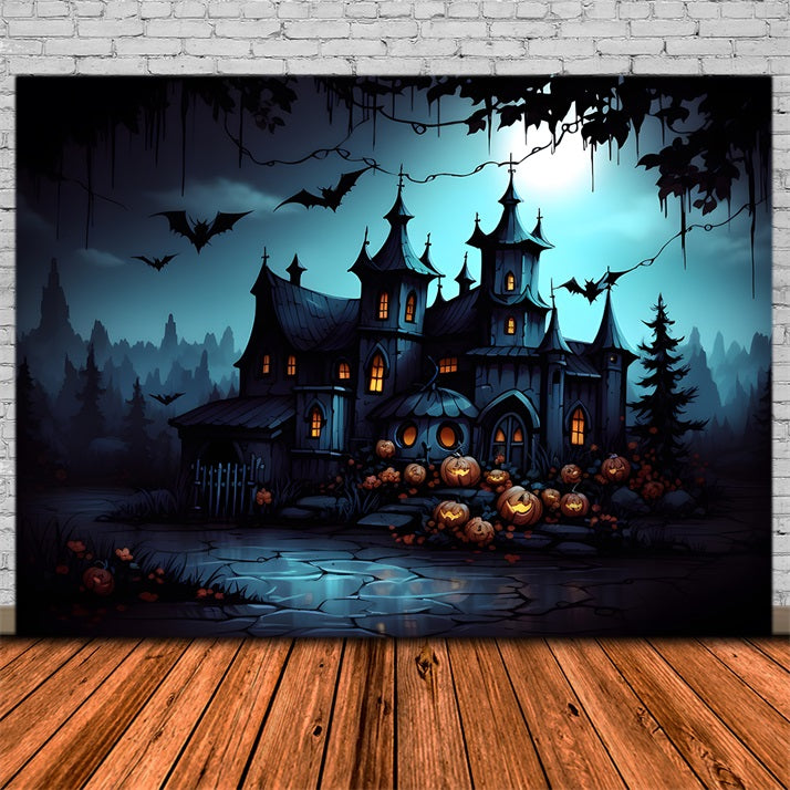 Haunted Gothic Mansion Jack-O'-Lanterns Bats Backdrop RR7-316