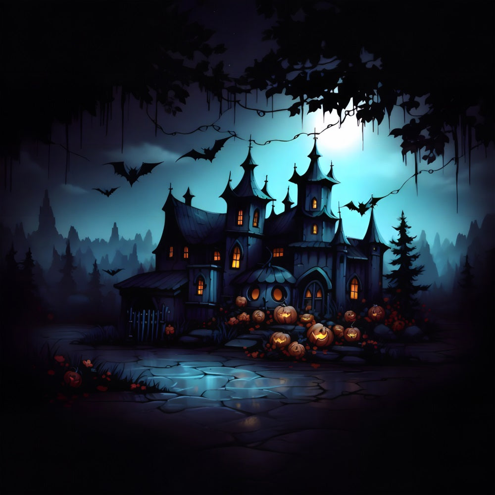 Haunted Gothic Mansion Jack-O'-Lanterns Bats Backdrop RR7-316