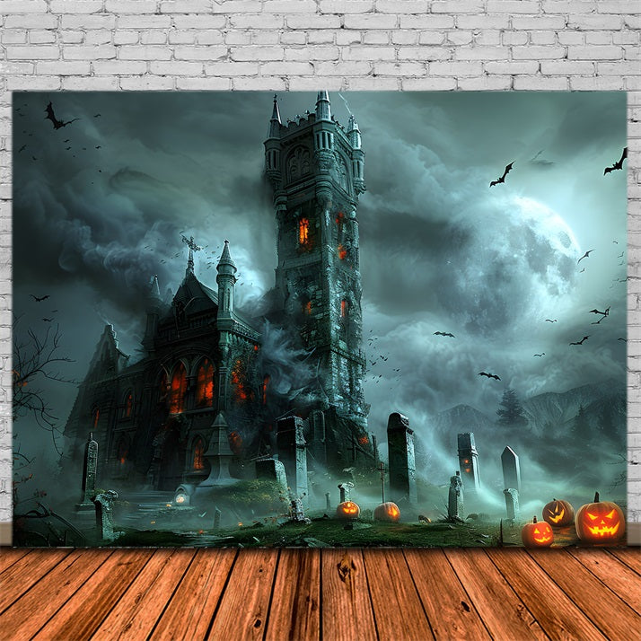 Halloween Gothic Castle with Pumpkin Graveyard Backdrop RR7-372