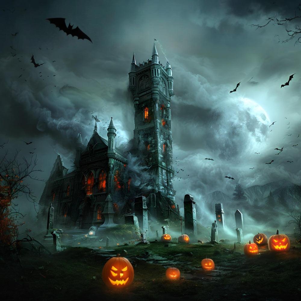 Halloween Gothic Castle with Pumpkin Graveyard Backdrop RR7-372