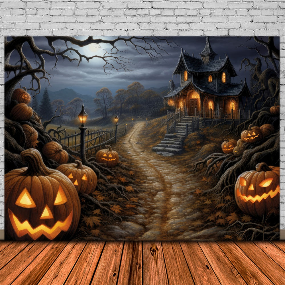 Halloween Horror Forest Cabin Pumpkin Backdrop RR7-439