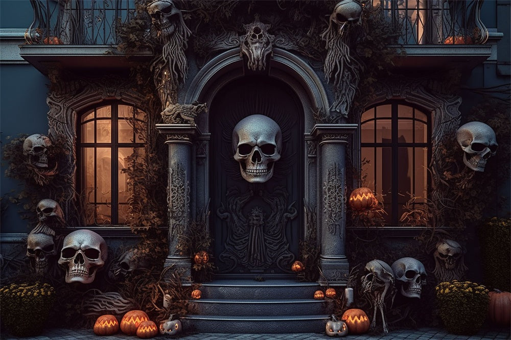 Spooky House Door Skull Halloween Backdrop RR7-462