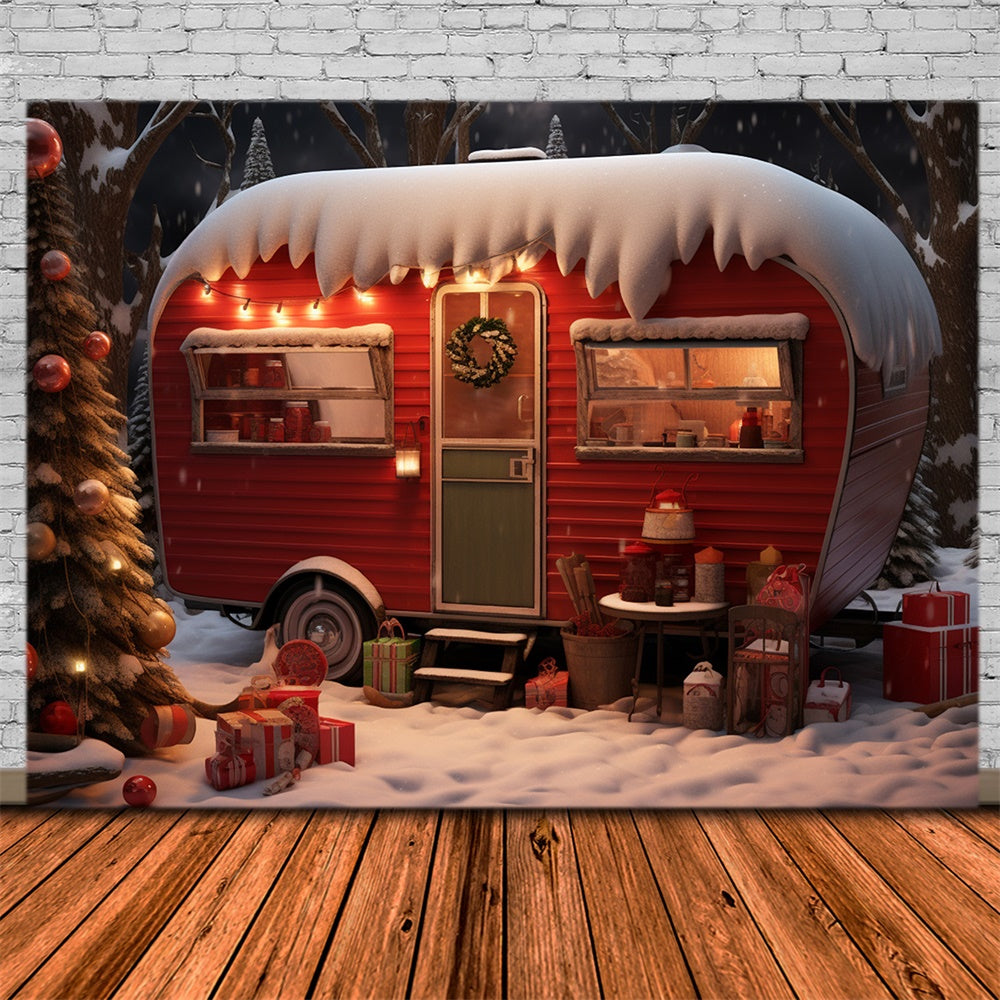 Snowy Forest Christmas Red Camper Backdrop RR7-753