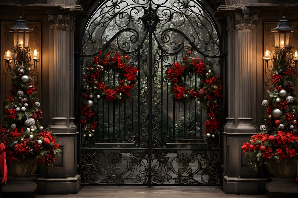 Christmas House Wreath Iron Gate Backdrop RR7-763
