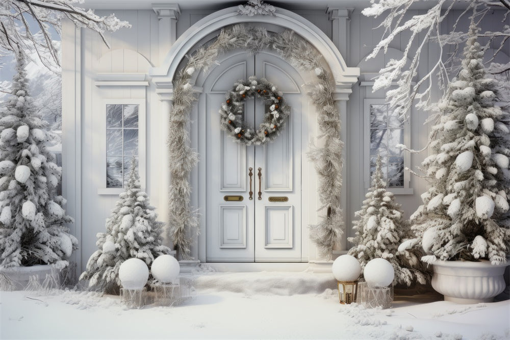 Snowy Trees Christmas House Door Backdrop RR7-767