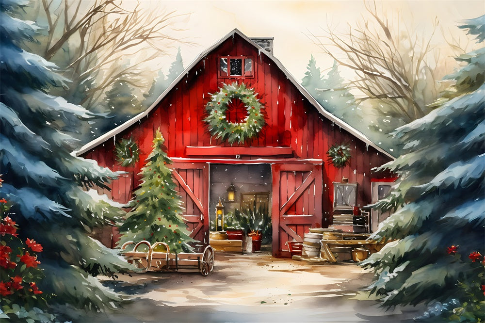 Watercolor Wooden House Christmas Tree Backdrop RR7-774