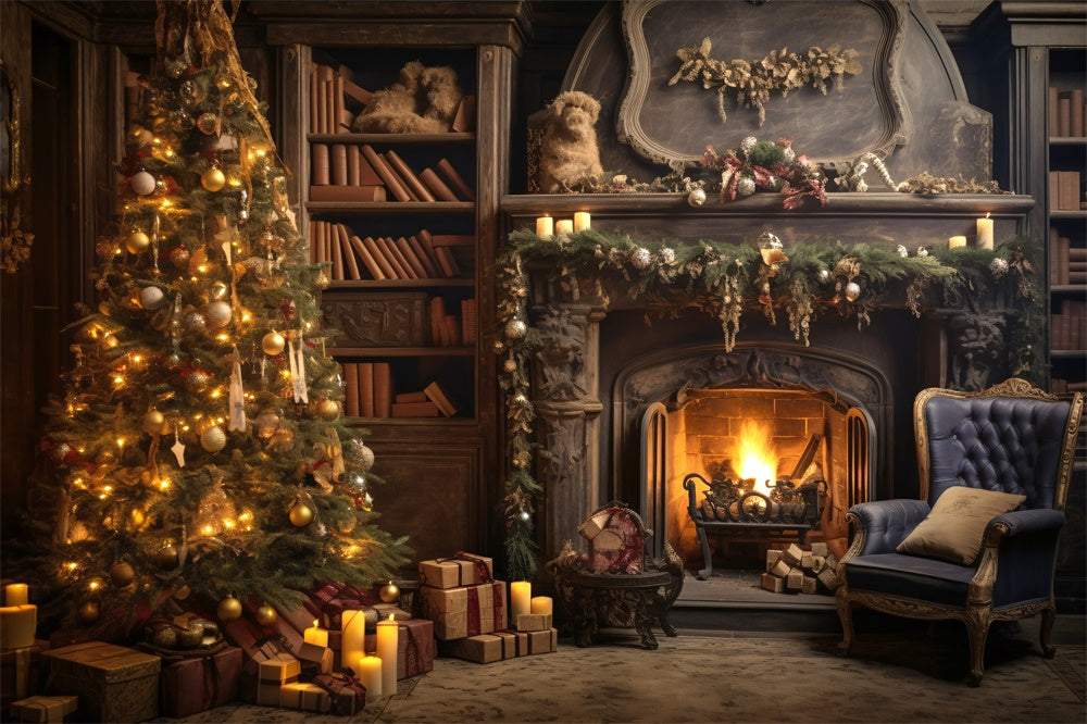 Glowing Christmas Tree Burning Fireplace Backdrop RR7-804