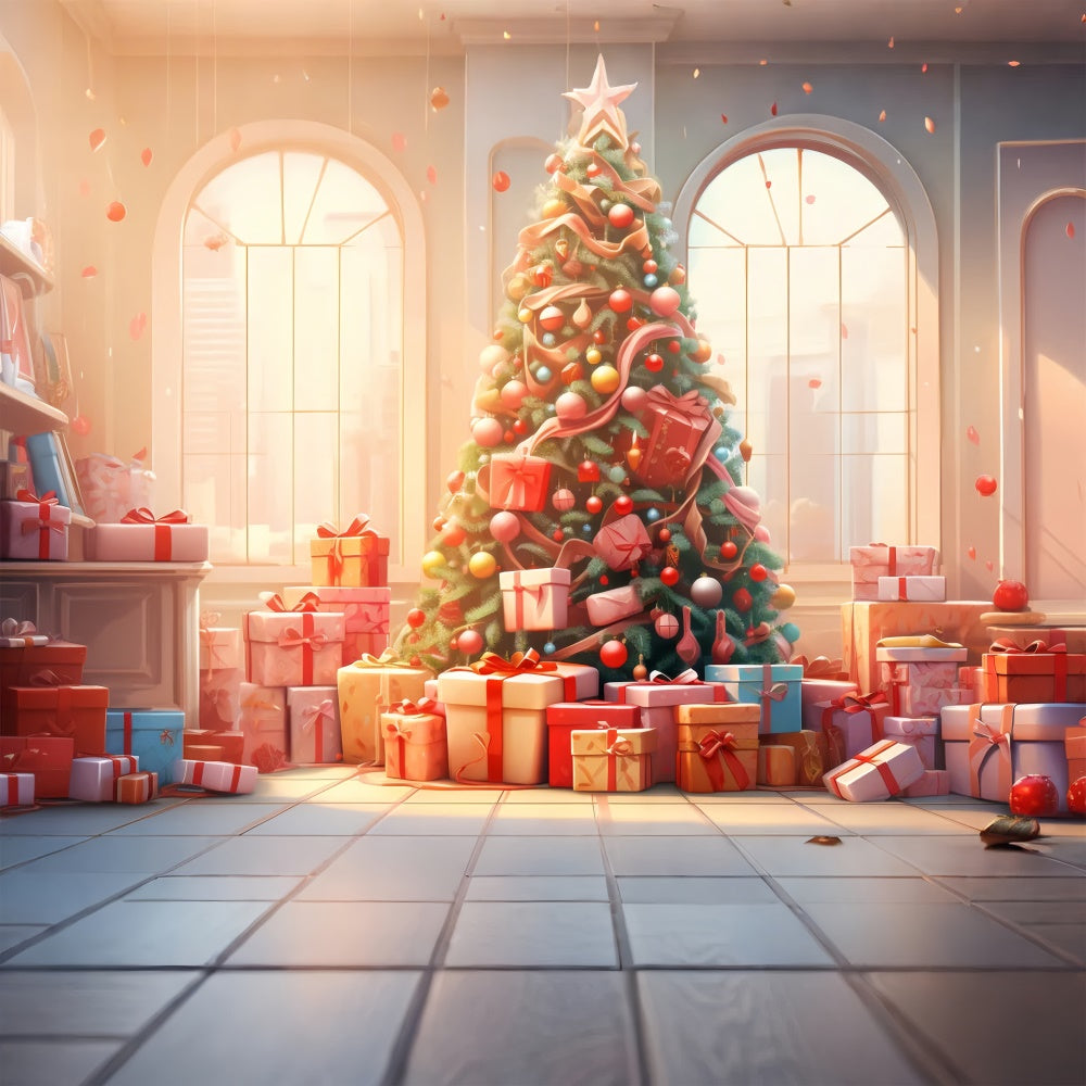 Christmas Tree Gift Boxes Window Backdrop RR7-828