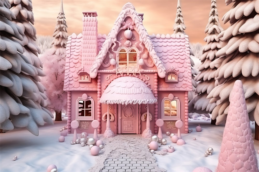 Christmas Pink Candy House Cart Backdrop RR7-845