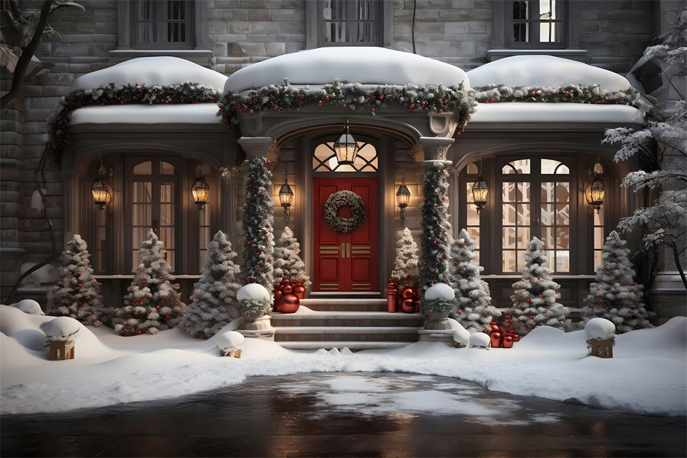 Christmas Tress Night Snowy House Backdrop RR7-847