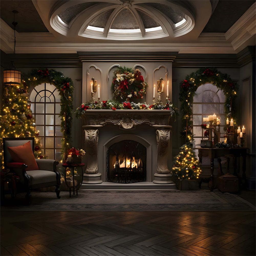 Christmas Living Room Wreath Fireplace Backdrop RR7-861