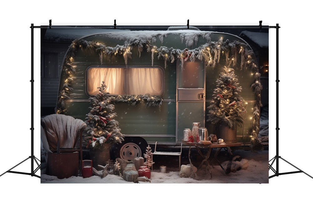 Christmas Tree Snow Green Camper Backdrop RR7-862