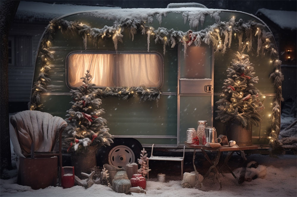 Christmas Tree Snow Green Camper Backdrop RR7-862