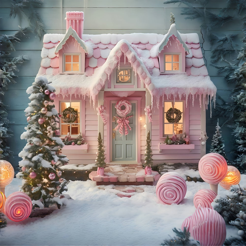 Christmas Tree Pink Candy House Backdrop RR7-878