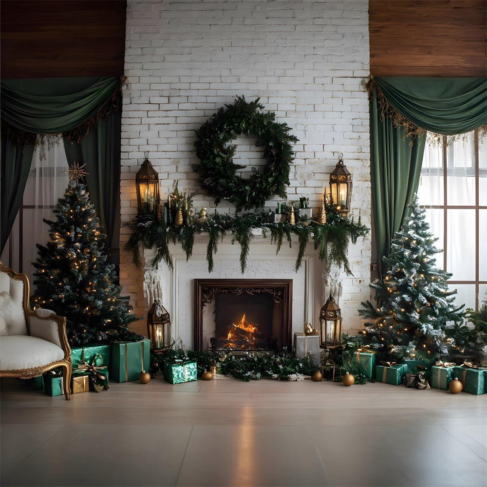 Christmas White Wall Fireplace Wreath Backdrop RR8-119