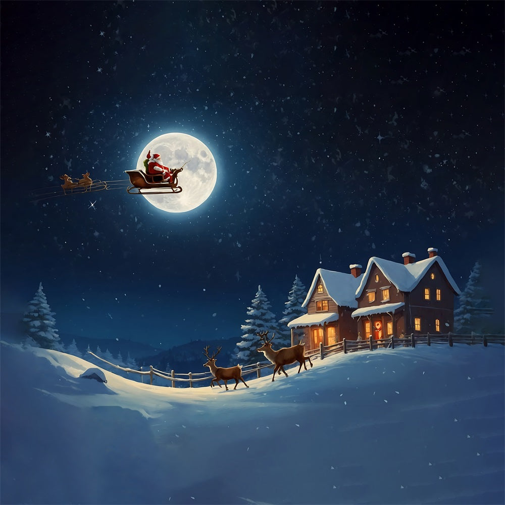 Christmas Santa Sleigh Over Moonlit Village Backdrop RR8-235