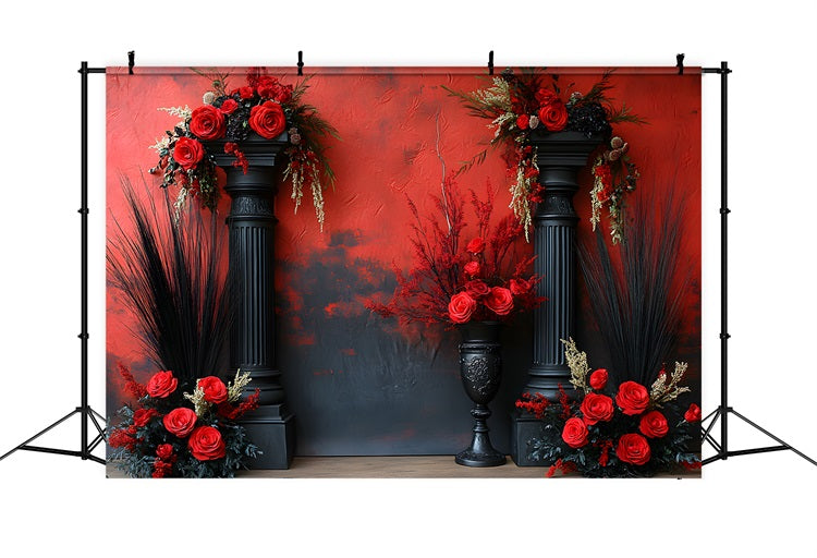 Dramatic Red Black Boho Floral Backdrop RR8-421