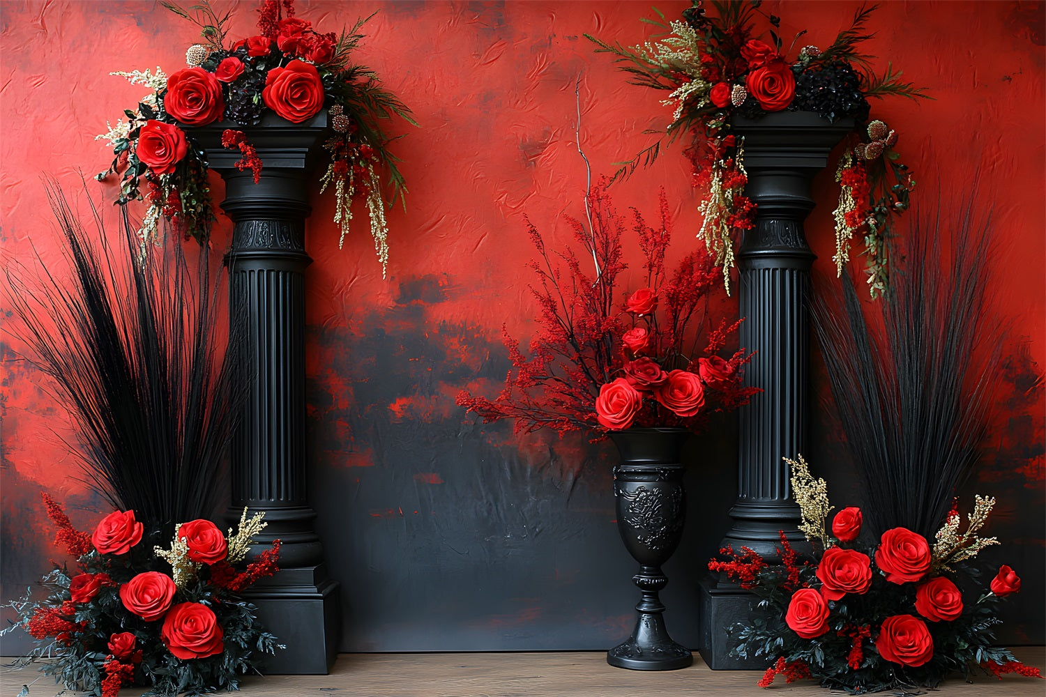 Dramatic Red Black Boho Floral Backdrop RR8-421