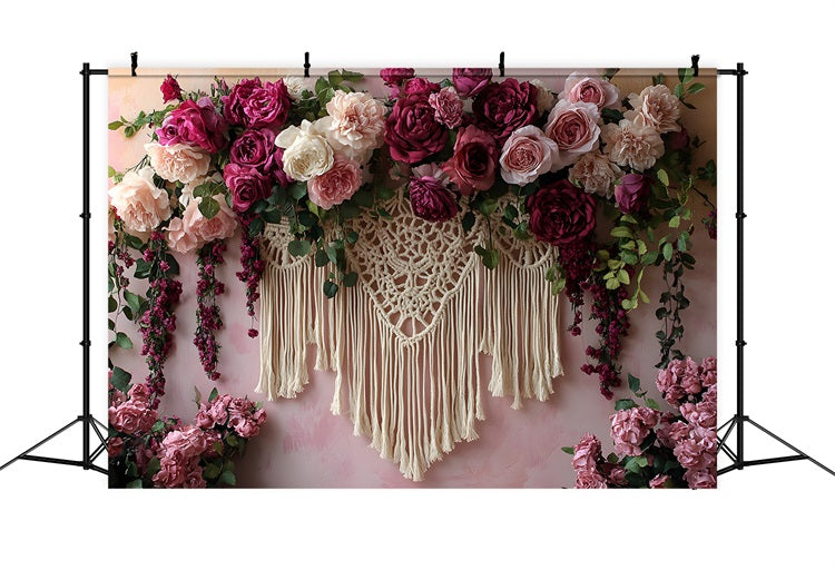 Deep Burgundy Macrame Boho Floral Backdrop RR8-449