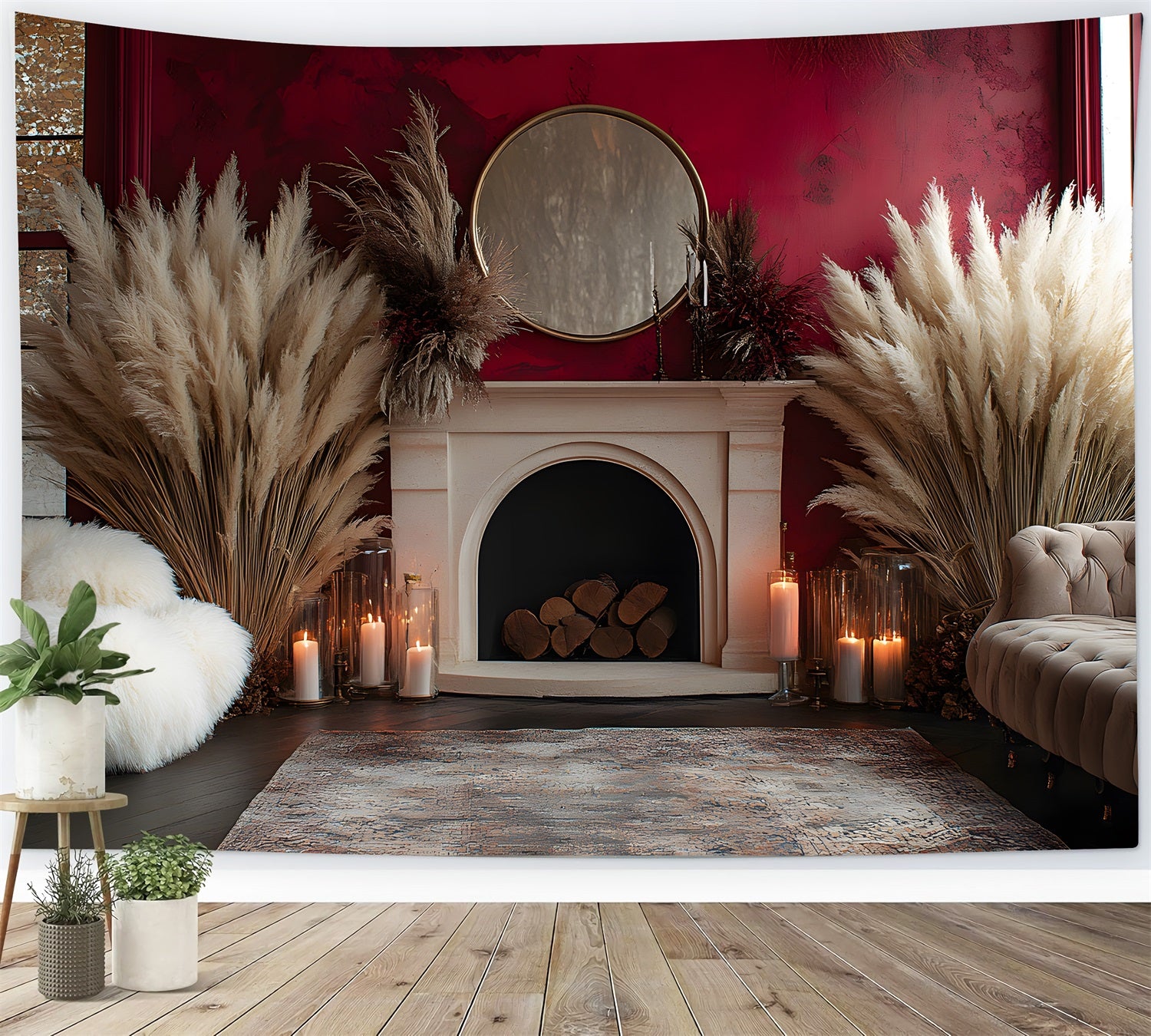 Luxe Boho Fireplace Pampas Backdrop RR8-454