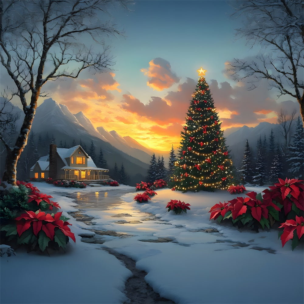 Christmas Tree Village Cottage Sunset Backdrop RR8-52