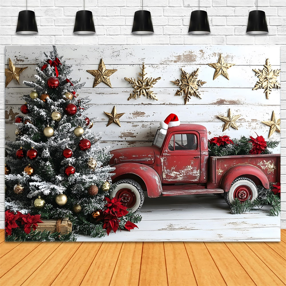 Christmas Tree Stars Red Truck Backdrop RR8-61