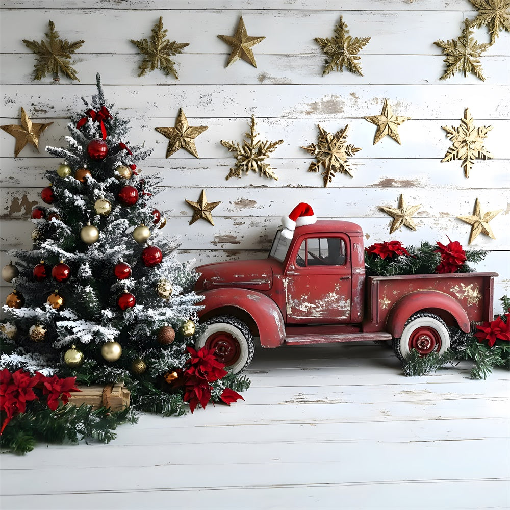 Christmas Tree Stars Red Truck Backdrop RR8-61