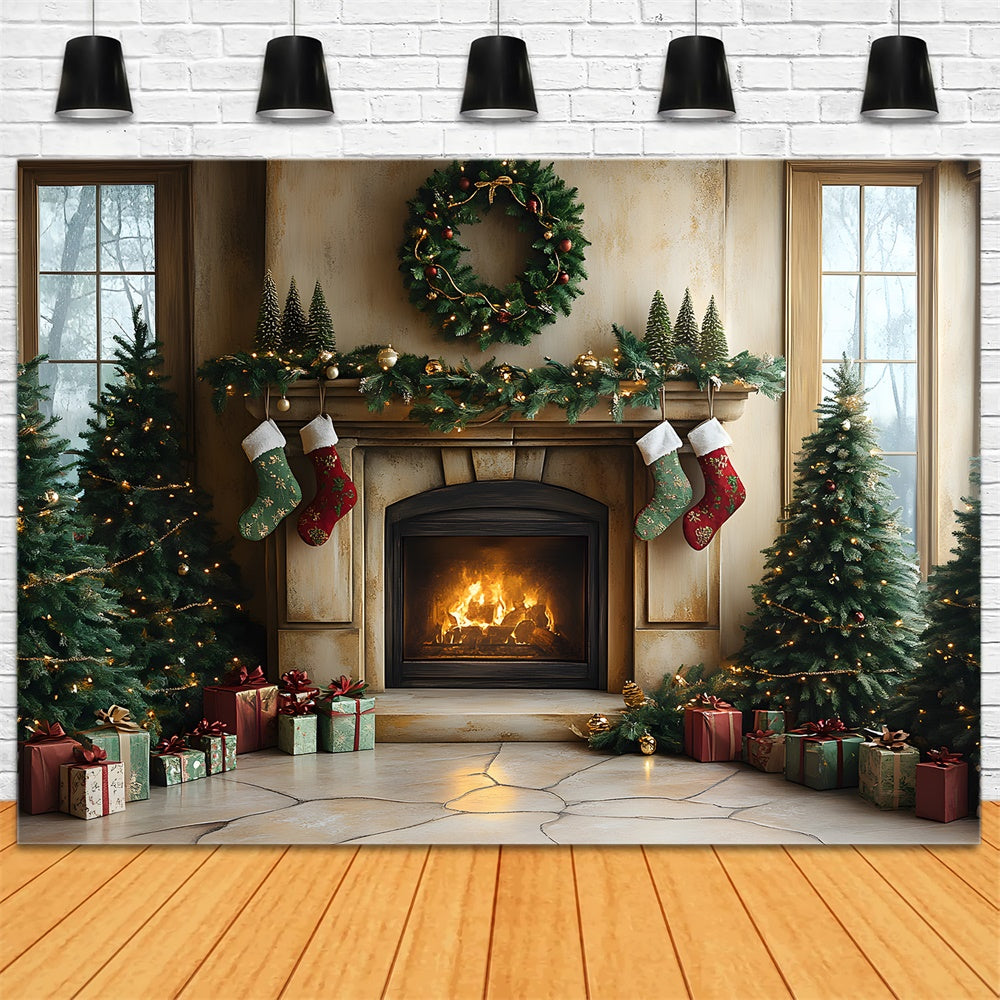 Christmas Tree Lights Fireplace Socks Backdrop RR8-94
