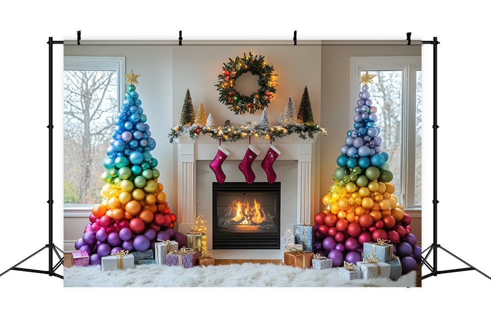 Christmas Colorful Balls Tree Fireplace Backdrop RR9-41