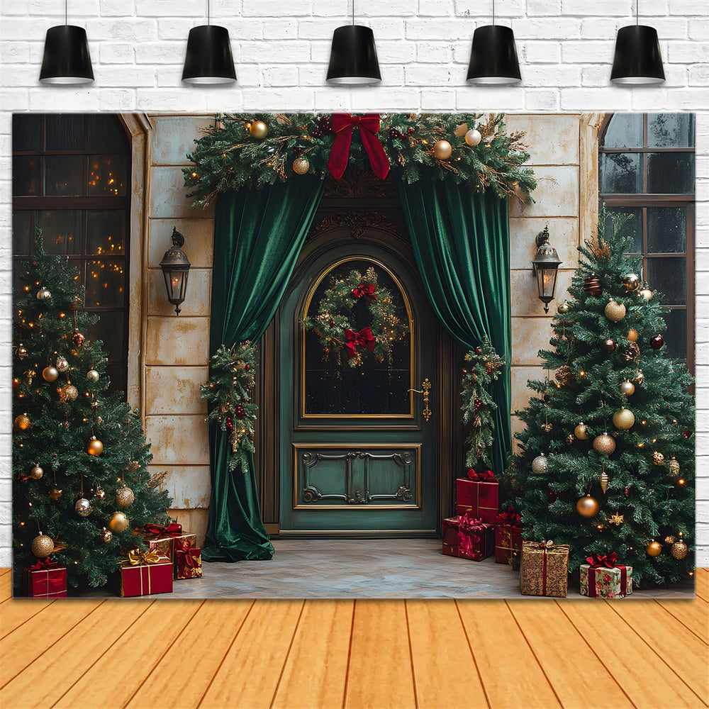 Christmas Green Door Curtain Decorated Trees Backdrop RR9-62