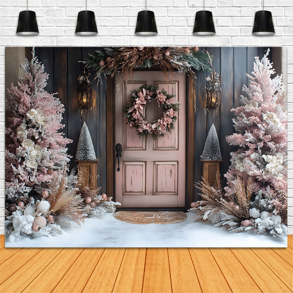 Christmas Pink Tree Wreath Door Snow Backdrop RR9-77