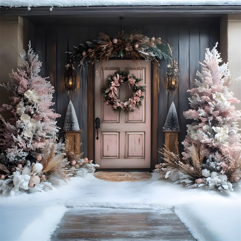Christmas Pink Tree Wreath Door Snow Backdrop RR9-77