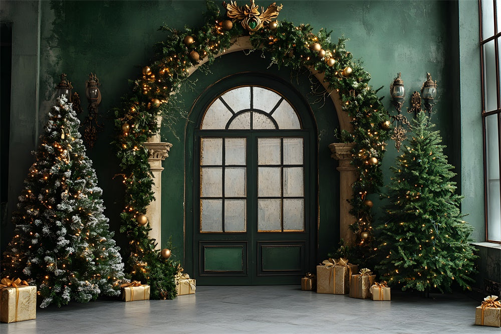 Christmas Vintage Room Green Door Wall Backdrop RR9-80