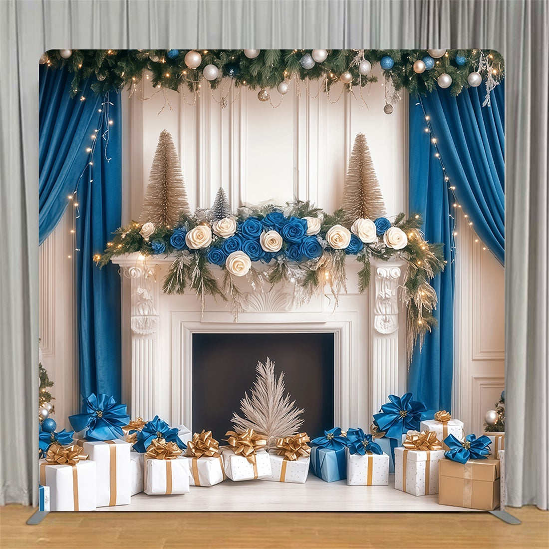 Tension Backdrops Blue Flower Fireplace Wall Christmas Backdrops TS-BRP57-140