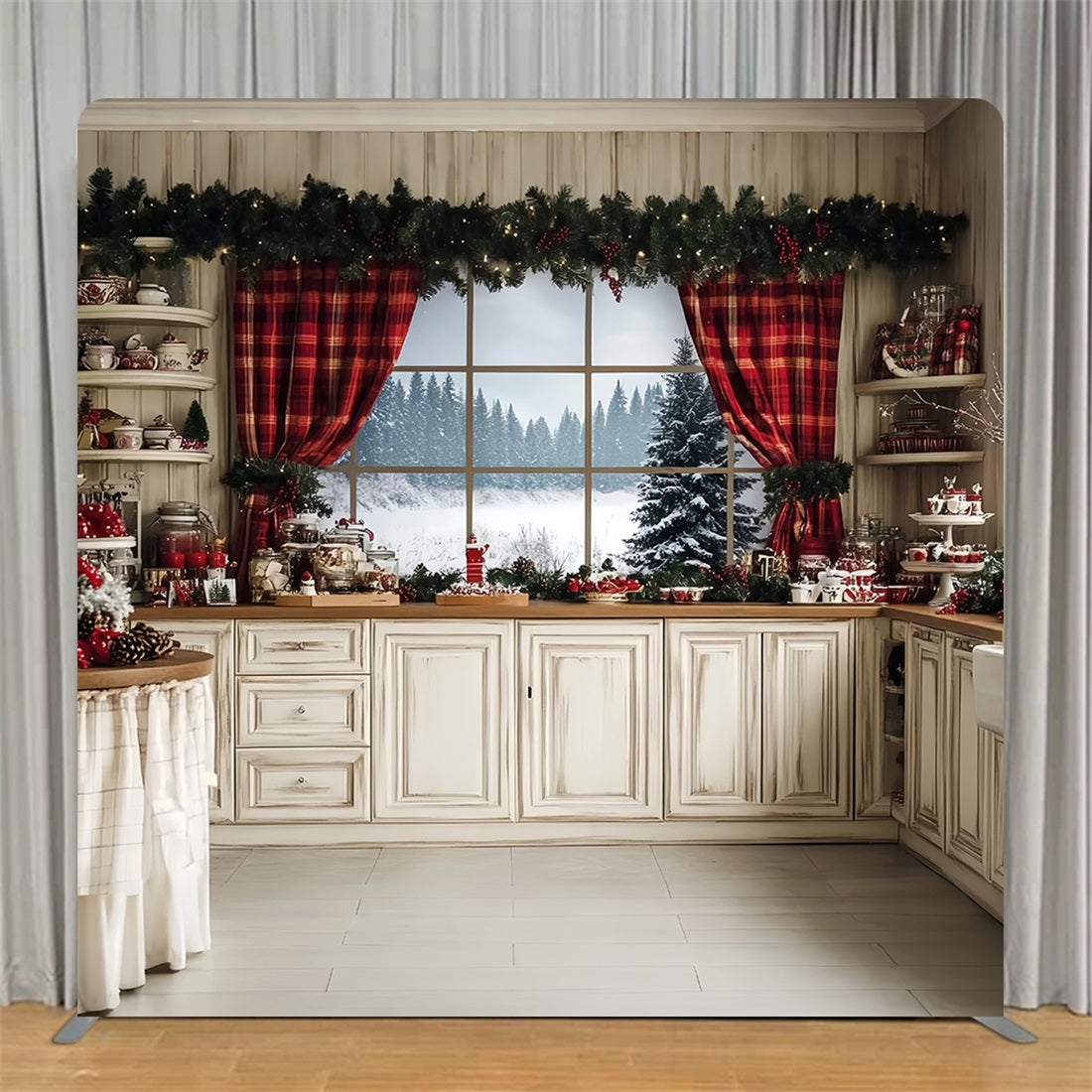 Square Backdrop Rustic Kitchen Window View Christmas Party Backdrop TS-CSH6-248