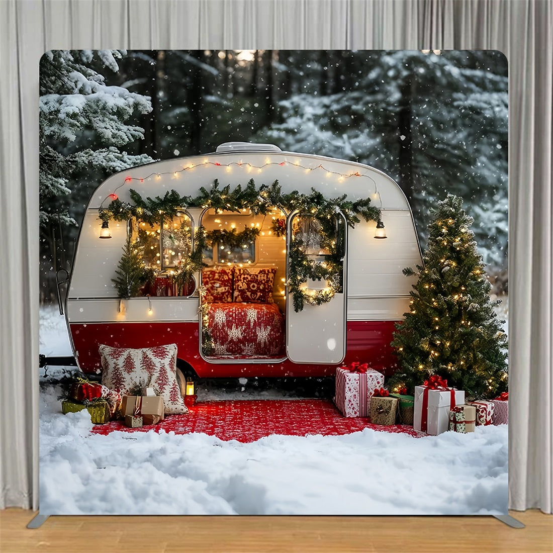 Square Backdrop Tension Pillow Cover Stand Snowy Forest Camper Christmas Backdrops TS-CSH6-260