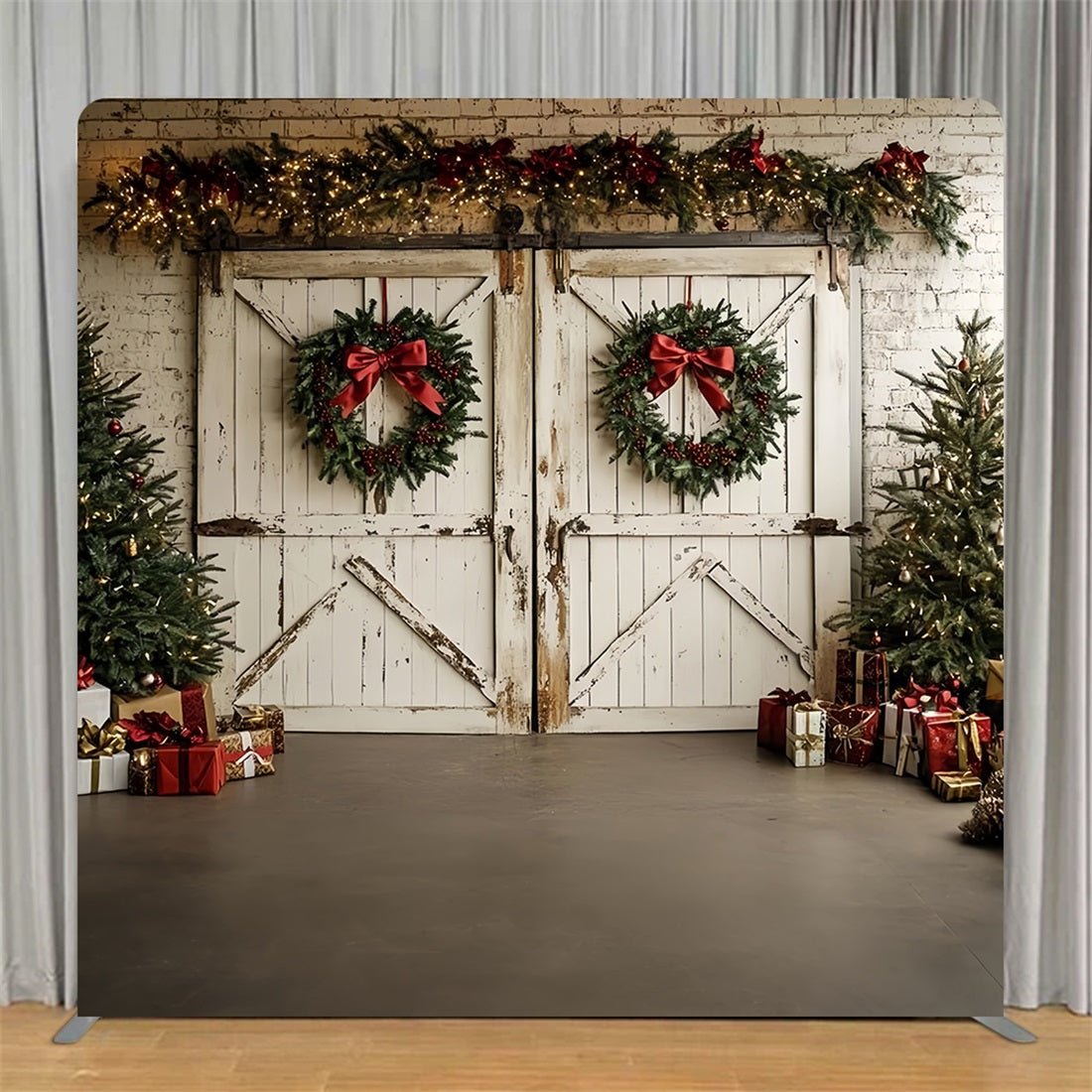 Tension Backdrop White Barn Door Wreath Christmas Backdrops TS-CSH6-264