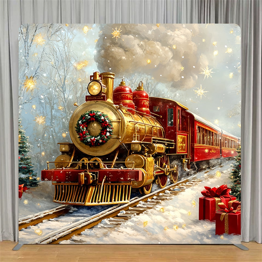 Square Backdrop Tension Pillow Cover Stand Snowy Train Track Christmas Backdrops TS-CSH6-276