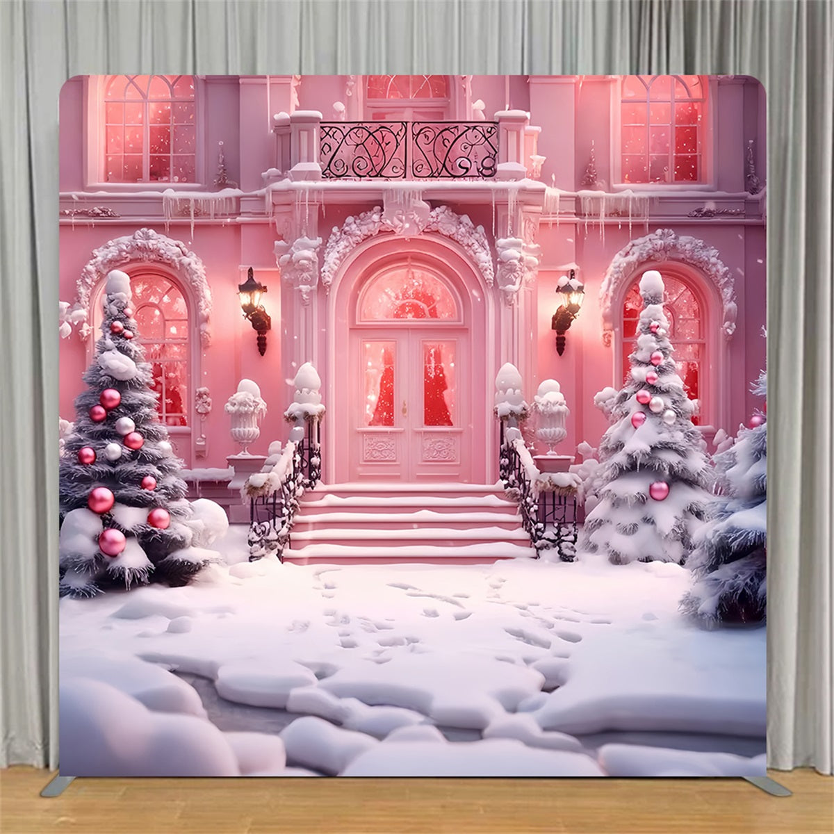 Square Backdrop Pink Snowy Mansion Christmas Backdrops TS-LXX59-190