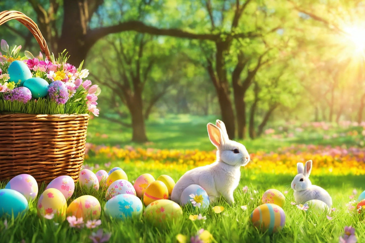 Easter Picture Backdrops Sunlit Forest Bunny Egg Backdrop TWW3-36