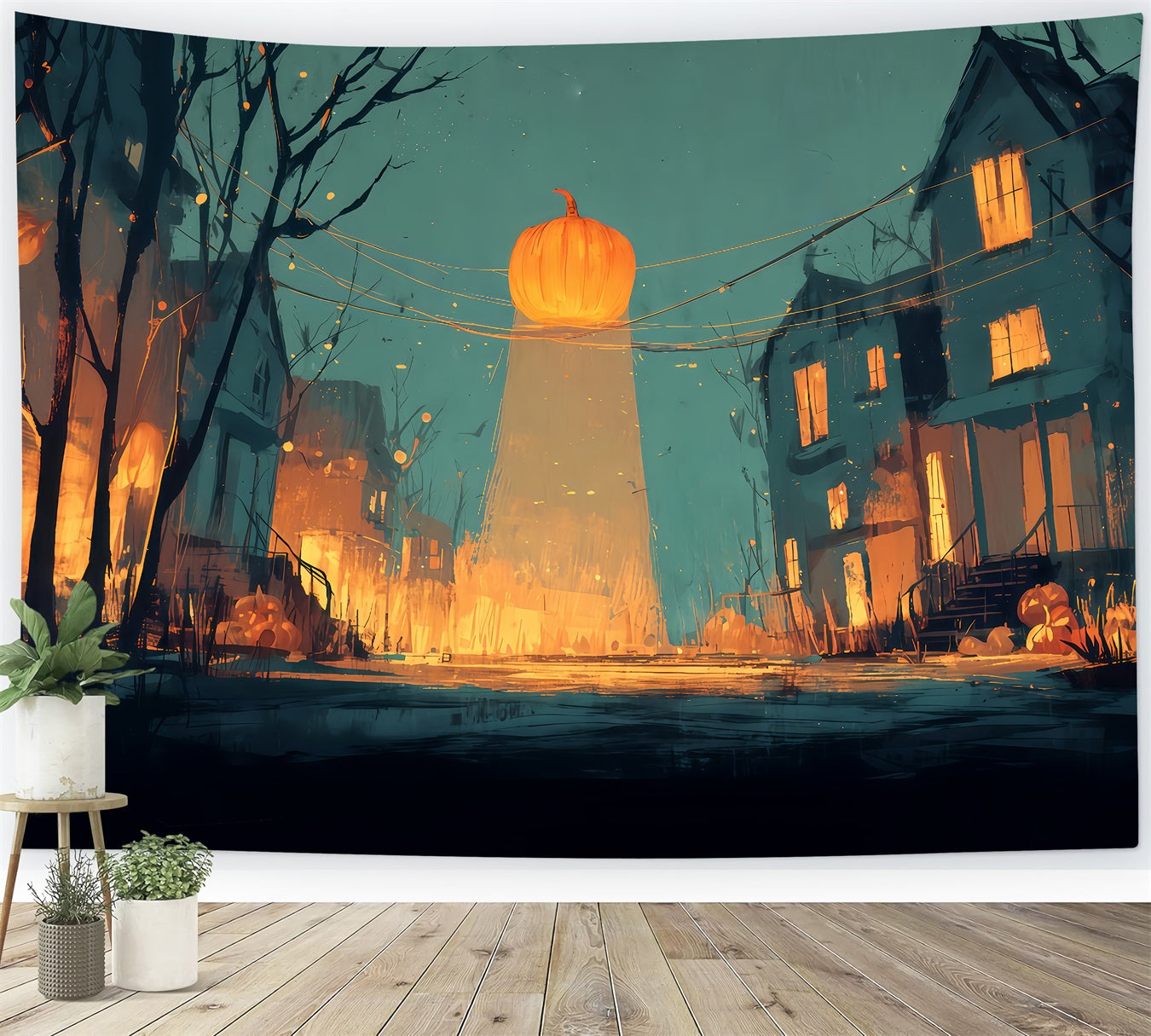 Scary Halloween Backdrops Glowing Pumpkin Street Nightfall Halloween Backdrop For Photos TWW510-14