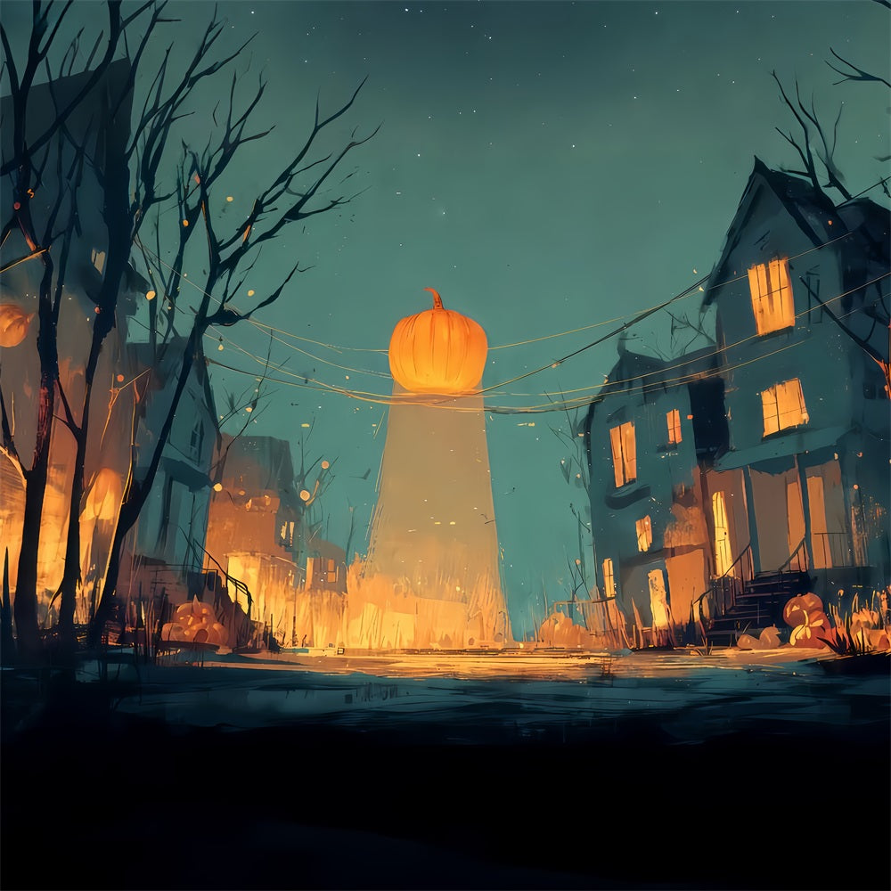 Scary Halloween Backdrops Glowing Pumpkin Street Nightfall Halloween Backdrop For Photos TWW510-14