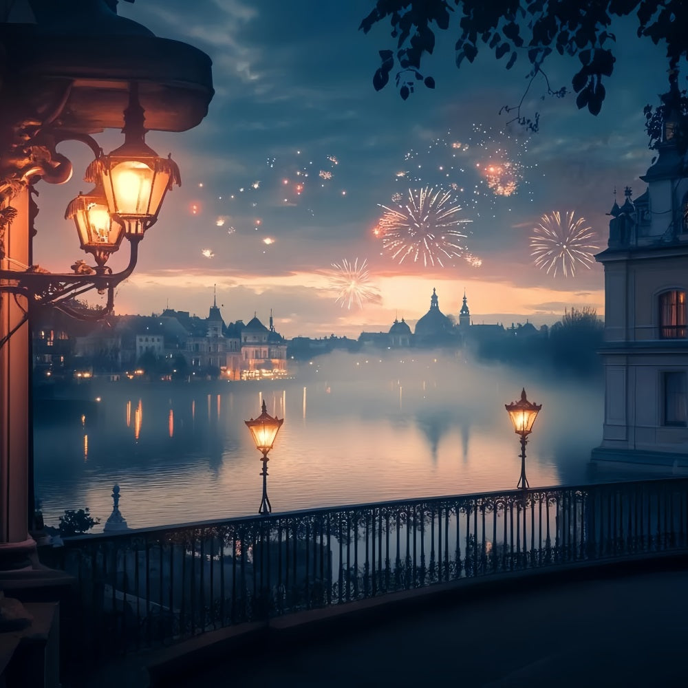 New Years Photo Backdrop Golden Lakeside Fireworks Glow City Night Backdrop TWW512-13