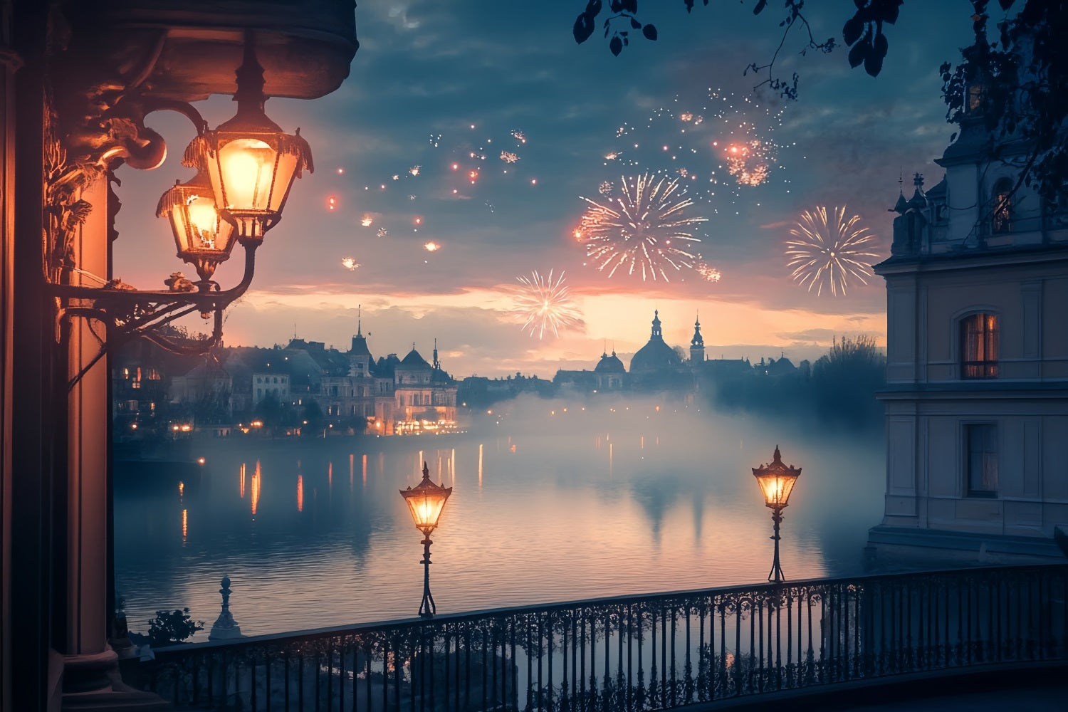 New Years Photo Backdrop Golden Lakeside Fireworks Glow City Night Backdrop TWW512-13