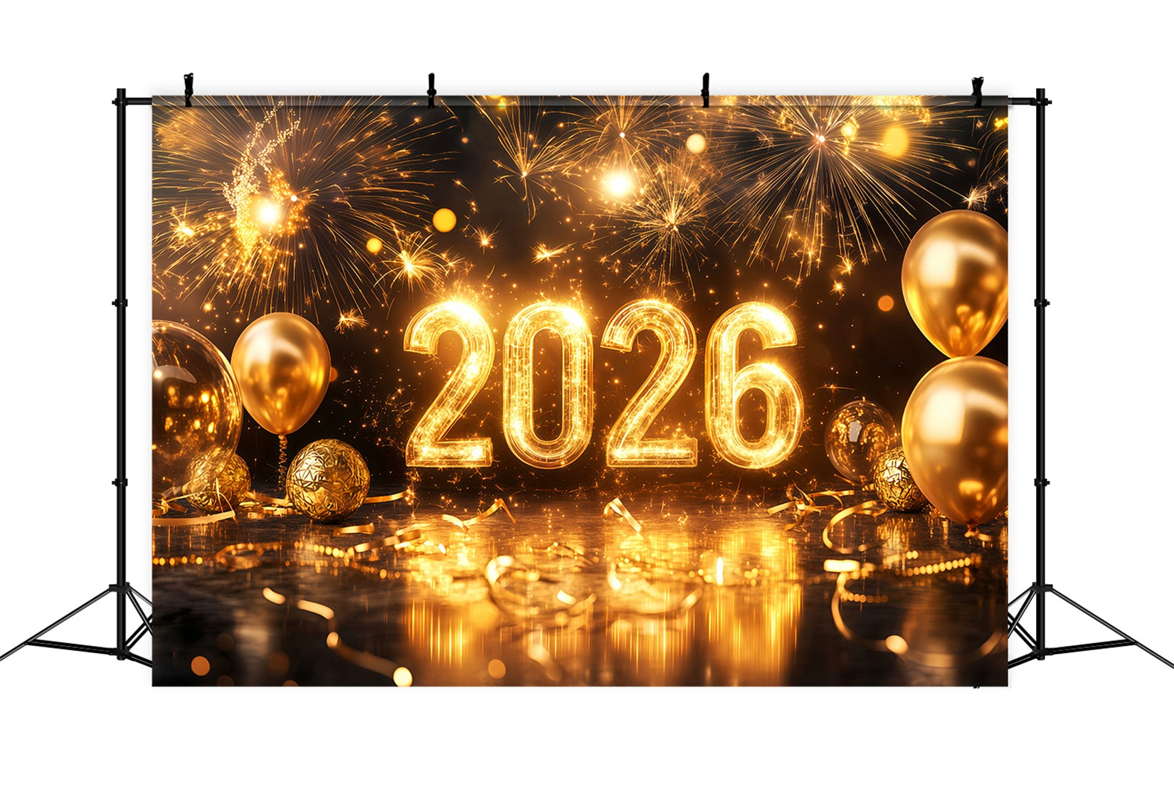 2026 New Year Backdrop Sparkling Gold Balloons Fireworks Backdrop TWW512-4