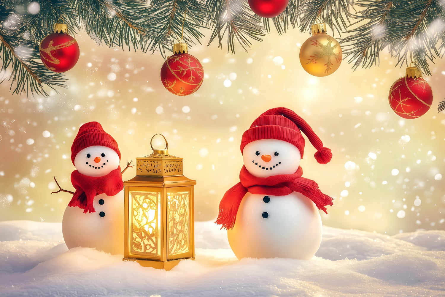 New Years Backdrop Cute Snowmen Lantern Glow Happy New Year Backdrop TWW512-5