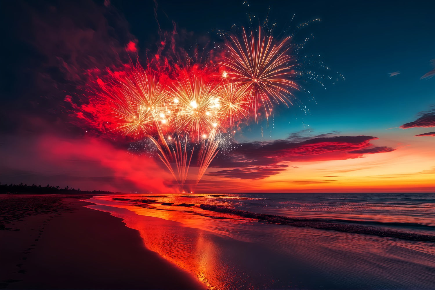 Happy New Year Backdrop Cloud Beach Fireworks Burst New Years Eve Backdrop TWW512-6