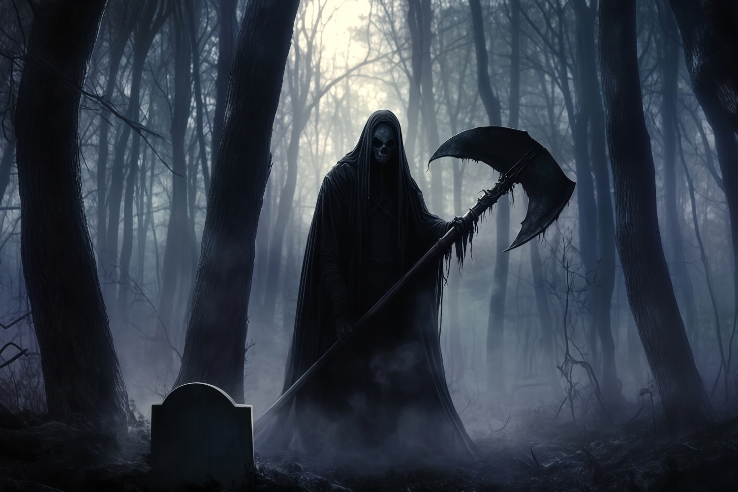 Garage Door Halloween Backdrop Grim Reaper Holding Scythe in Dark Forest Halloween Photo Backdrops TWW58-31