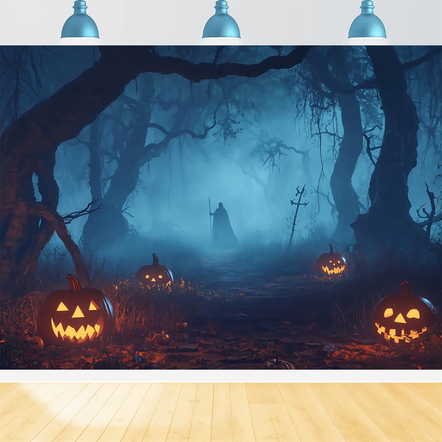 Halloween Graveyard Backdrop Pumpkin-Lit Haunted Forest with Mysterious Figure Halloween Photo Backdrops TWW58-32