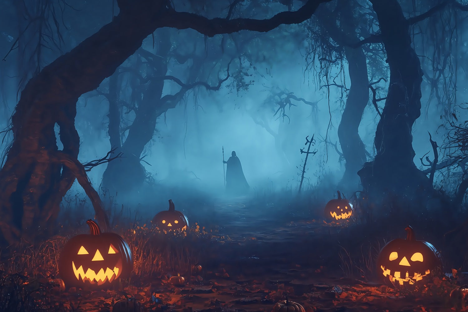 Halloween Graveyard Backdrop Pumpkin-Lit Haunted Forest with Mysterious Figure Halloween Photo Backdrops TWW58-32
